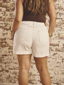 Aralina Curve High Waisted A Line Wide Leg Button Detail Summer Outfits Women Denim Casual Shorts - White - View 3