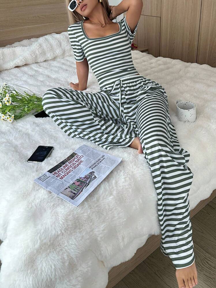 SHEIN 女士休闲条纹印花短袖和裤子睡衣套装 - 深灰色 - 查看 4