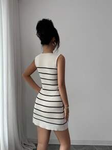 Selianne 返校及郊游 无袖条纹金属扣通勤风格复古针织连衣裙，女款，春秋季