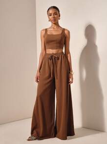 Zivah 2025 春夏新款音乐节、复活节、圣帕特里克节、西部风、游牧风、生日派对、毕业典礼、学院风、学生风、日常穿着、基础款、休闲装、度假装、邮轮装、海滩装、日光浴装、网络流行装、街头服饰、婚礼嘉宾装、波西米亚风、通勤装、早午餐装、机场装 - 深棕色人字纹吊带背心和带口袋阔腿裤 2 件套 - 棕色 - 查看 5