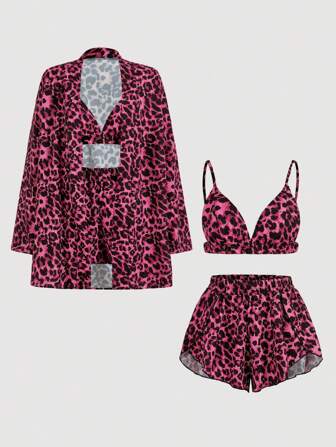 SHEIN Privé Ensemble de 3 pièces : Lingerie femme à imprimé léopard, veste ample à imprimé léopard et short ample taille haute à imprimé léopard - idéal pour le quotidien, les vacances, la plage, les festivals de musique