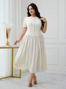 Modelyn 大码纯色船领短袖优雅夏装 - 杏色 - 查看 3