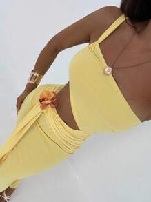 Aloruh Women's Summer Sexy Solid Color One Shoulder Hollow Ruched Draped Front Bodycon Dress - Yellow - View 8