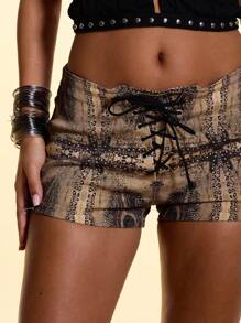MUSERA 做旧下摆系带修身印花超短牛仔短裤，仅限夏季伊比沙岛波西米亚风度假节日性感夜店锐舞派对演出后穿着，可爱千禧年风格图案，适合外出夜游、冬季纳什维尔派对等场合，尽显时尚春季风情 - 灰色 - 查看 1