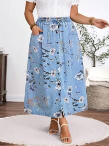 EMERY ROSE Váy mini denim thường ngày họa tiết hoa có dây rút eo cỡ lớn dành cho nữ, mùa hè - Màu xanh nhạt - Xem 1