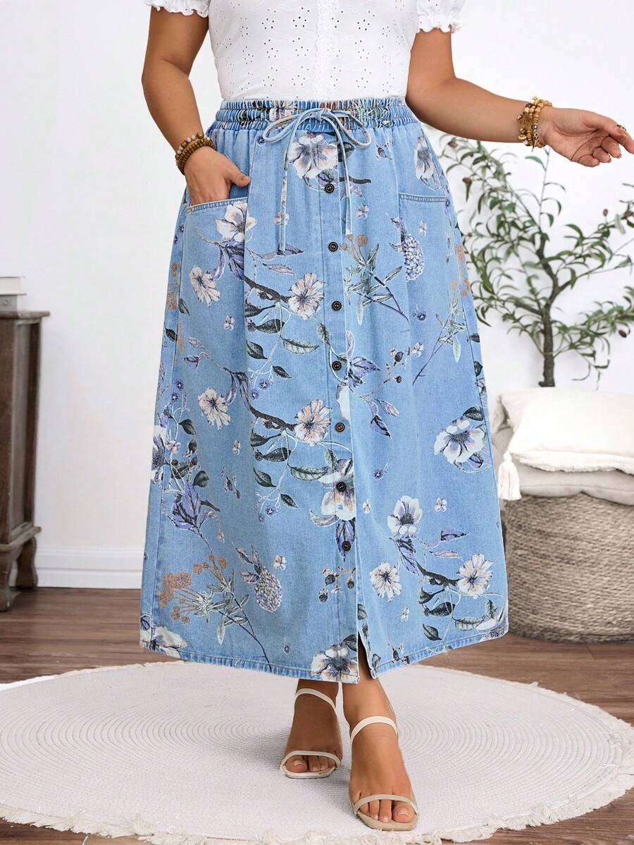 EMERY ROSE Váy mini denim thường ngày họa tiết hoa có dây rút eo cỡ lớn dành cho nữ, mùa hè - Màu xanh nhạt - Xem 1