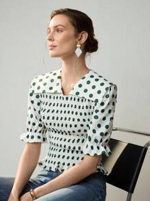 SHEIN Unity 女式绿白波点 V 领休闲褶皱梭织衬衫，半袖，修身常规长度，秋季，极简主义，商务休闲，度假，工作服，教师，返校，秋季，老钱风格 - 白色 - 查看 7
