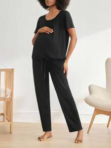 Moonlight&Mama Maternity Short Sleeve Nursing Pajama Set 2 Packs ,Lounge Set Fashion Sleepwear - Black - View 1