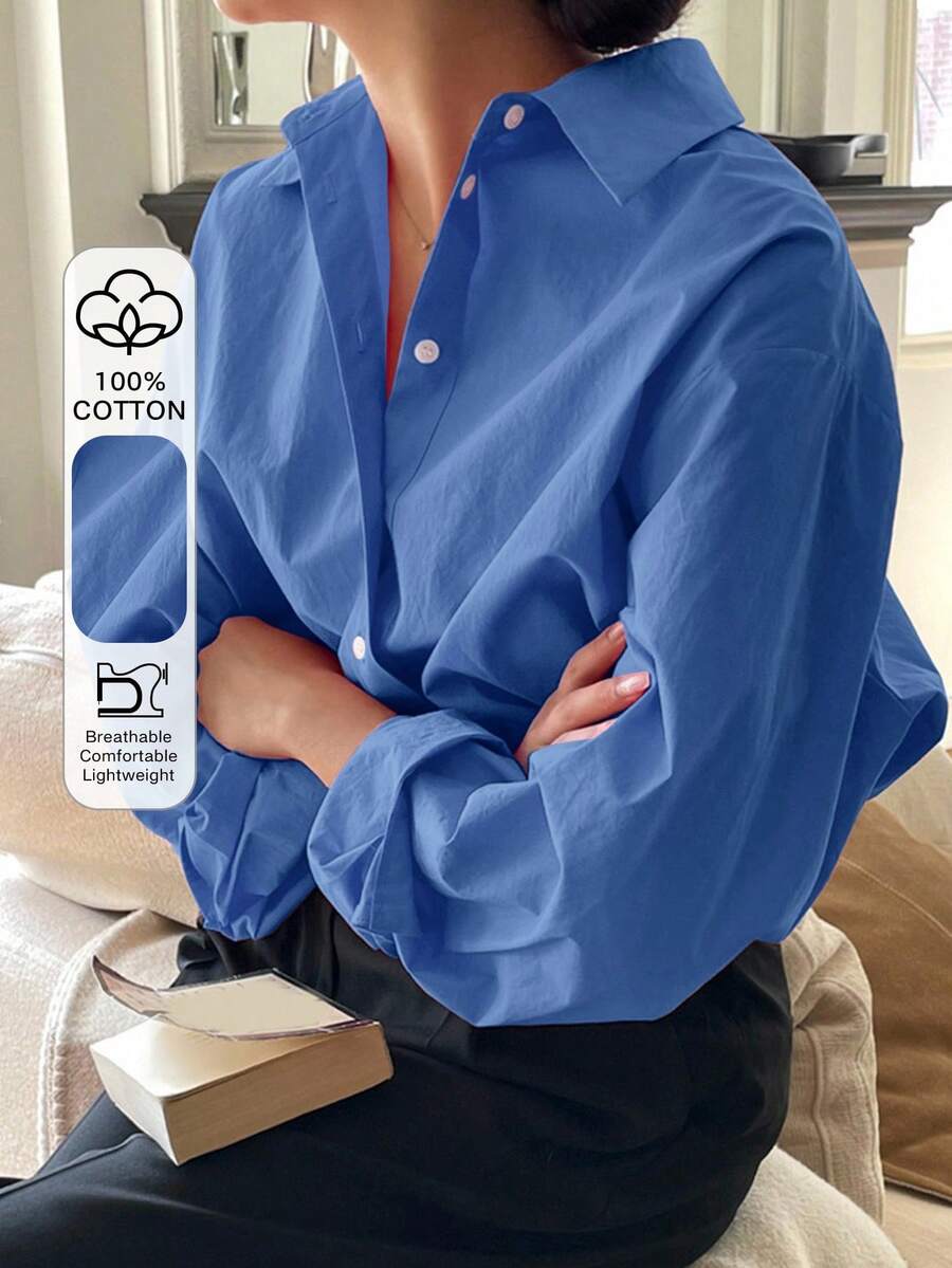 DAZY Casual Plain Long Sleeve Shirt - Royal Blue - View 1