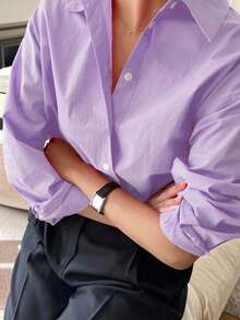 DAZY 女士休闲纯色宽肩棉质衬衫，百搭，春秋季办公室衬衫长袖上衣 - 淡紫色 - 查看 4