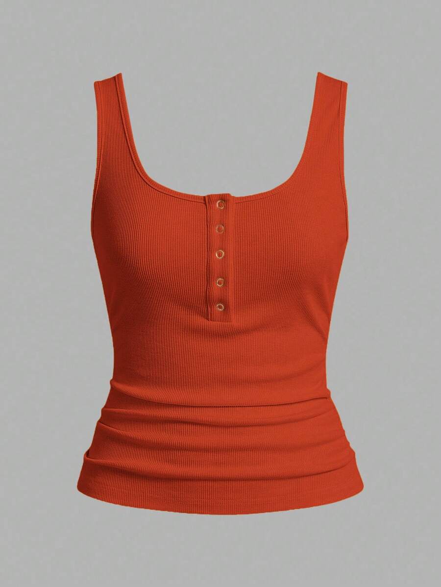 Slaydiva 休闲百搭白色吊带背心，深U领和露背设计 - 焦橙色女式罗纹背心