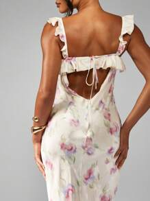 MISSGUIDED Watercolor Floral Print Satin Maxi Dress Ruffle Trim Empire Waist Wedding Guest Spring Summer Garden Party Occasion Gown - Multicolor - View 5