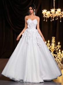 Glamrae 优雅奢华蕾丝刺绣网眼泡泡袖性感高开衩连衣裙，适合婚礼、派对、蜜月、新娘穿着 - 米色 - 查看 3