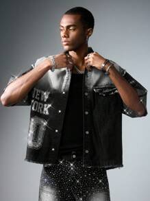ROMWE MEN Street Life Men's Boxy Fit Rhinestone Embellished Denim Shirt