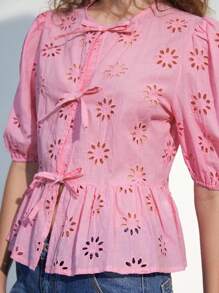 Aveloria Affinna Hollow Out Embroidery, Bowknot Decor, French Design Round Neck Lantern Sleeve Loose Casual Blouse For Women