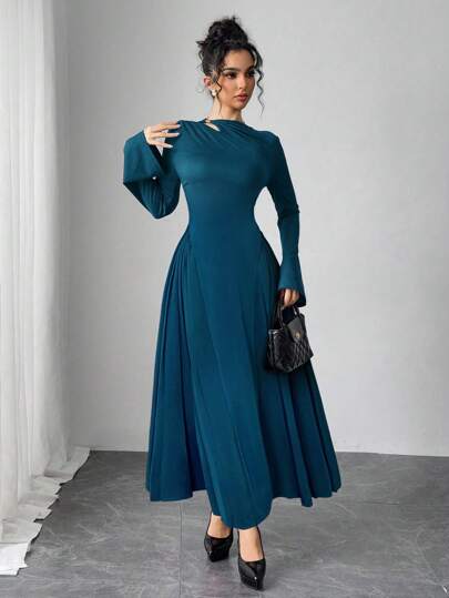 Modelyn Vestido plisado elegante azul pavo real para mujer