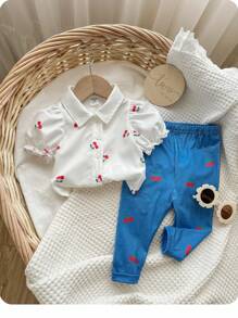 Baby Girl Summer Cute White Cherry Pattern Shirt And Pants Set - Multicolor - View 1
