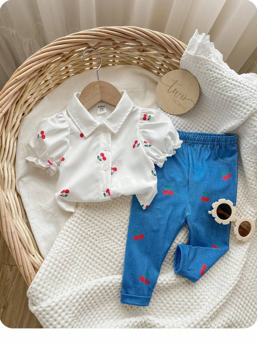 Baby Girl Summer Cute White Cherry Pattern Shirt And Pants Set - Multicolor - View 1