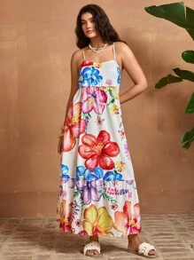 SHEIN VCAY 大码花卉印花细肩带休闲连衣裙 - 彩色 - 查看 5