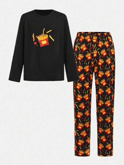 NotGurli 2pcs Casual Pajama Set For Teen Boys, French Fry Print Crew Neck Long Sleeve Top And Pants