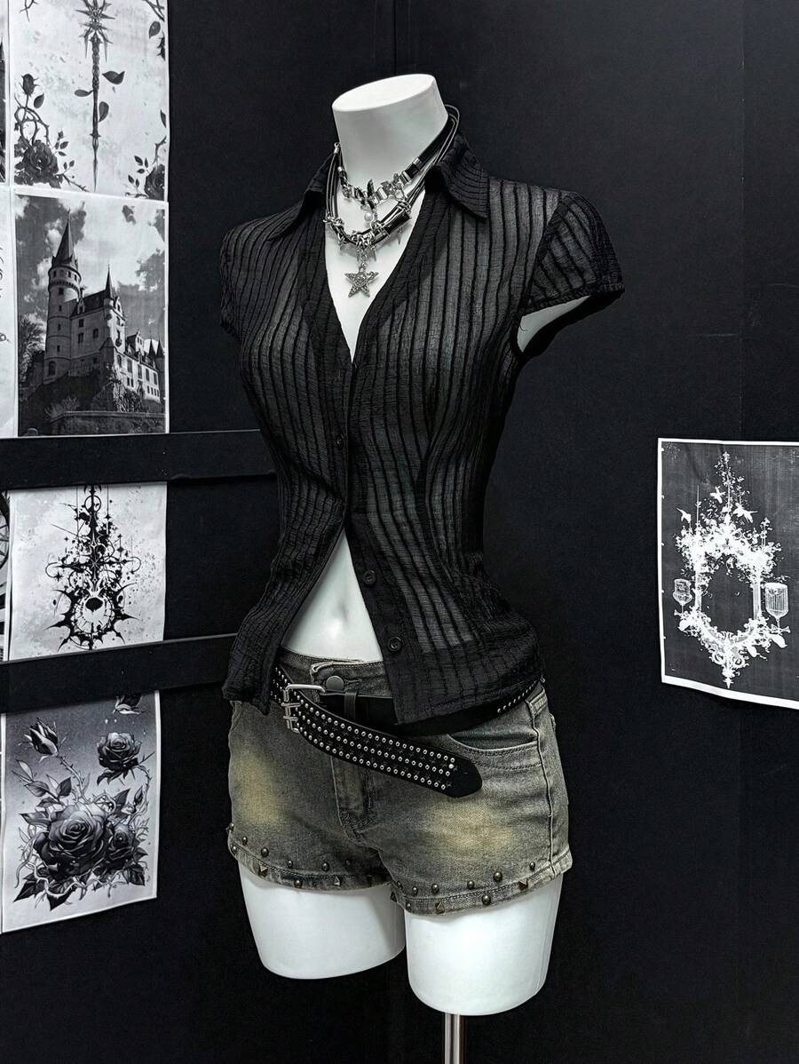 EgrlEra Women's Summer Fashion Textured Striped Sheer Blouse - Black - View 1