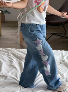 SHEIN Denimly 年轻女孩休闲日常都市街头学院风浅洗薰衣草色时尚牛仔阔腿裤，带有星星、心形刺绣、松紧腰身、纽扣前开襟，百搭全年穿着 - 淺色水洗藍 - 查看 7
