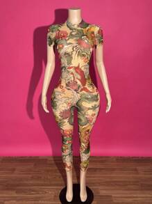 Slaydiva Nuevo mono de verano ajustado para mujer con estampado de dragón en malla transparente, de cuello alto, manga corta y pantalón corto, para festivales de música callejeros y de primavera y verano