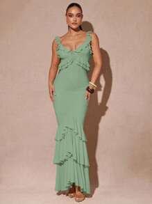 Silquee Elegantes Lässig Minikleid mit einfarbigem Rüschen-Saum und tiefsitzendem Rückenausschnitt