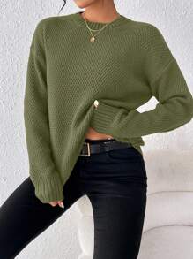 EMERY ROSE Women Solid Color Round Neck Drop Shoulder Casual Loose Pullover Sweater Knit Pullover Fall Winter - Army Green - View 4
