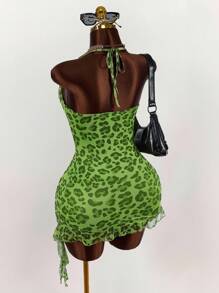 Amplova Summer Women's Leopard Print Hippie Style Rhinestone Decorated Low Cut Asymmetrical Hem Mini Dress - Green - View 7