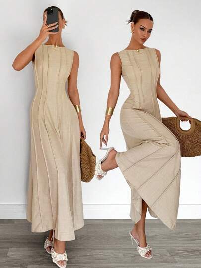 Siren Gaze New  Linen Long Dress For Women, Split Pleated Waist A-Line Dress, Elegant Long Dress, Sun Dresses For Women Holiday Wear, Imitation Linen Flowing Long Dress, Business Casual Women's Wear,Fall Women Clothes Party