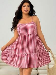 Solflare 大码红白格子露背吊带连衣裙