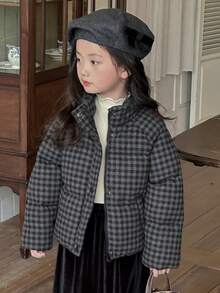 DAZY 少女格纹高领拉链开襟冬季外套 - 黑色 - 查看 8