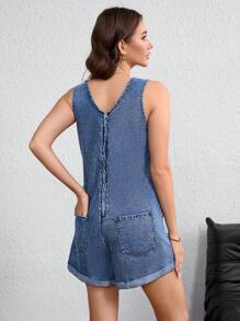 SHEIN Maternity Solid Color Round Neck Sleeveless Denim Romper, Autumn