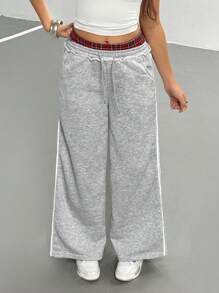 SHEIN Teen Girls Elastic Waist Drawstring Pocket Casual Wide Leg Loose Pants, Summer - Light Grey - View 6