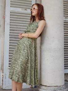 lacRébo Asymmetric Halter Midi Dress With Olive Floral Print Autumn Dress Office Outfits For Women Teacher Dress Wedding Guest Dress Flowy Dress Spring Summer - Green - View 7
