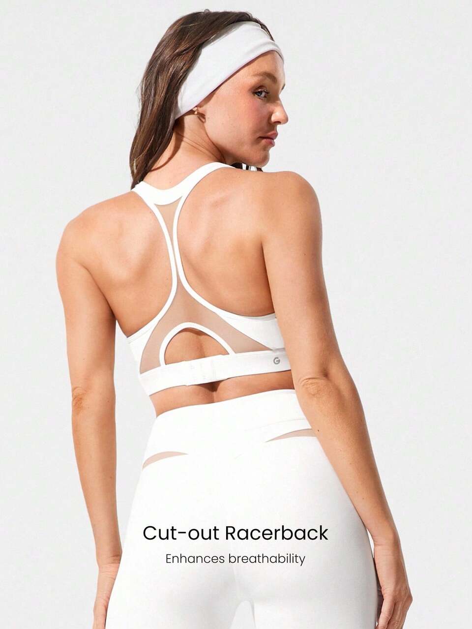 FeatherFit™-Sculpt Stamina Compressive Heart Shaped Neck Mesh Panels Racerback Adjustable Band Sports Bra Running Gym Spring