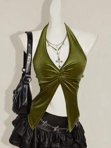 SHEIN ICON 优雅性感纯色扭结开衩天鹅绒露背上衣 - 軍綠色 - 查看 5