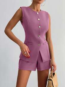EURMUSE Set de 2 piezas de traje de negocios con top sin mangas de botones delanteros y shorts de unicolor - Rosa vieja - Ver 5