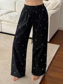 DAZY 可爱蝴蝶结图案印花宽松睡裤，适合秋冬季节 - 黑色 - 查看 7