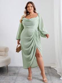 SHEIN CURVE+ Đầm xòe hở vai cổ xếp nếp đính sequin lấp lánh gợi cảm cho tiệc sang trọng cỡ lớn dành cho nữ, tay dài, màu xanh ô liu - màu xanh lá - Xem 4