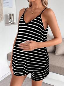 SHEIN 孕妇休闲宽松条纹吊带背心和短裤两件套 - 黑色 - 查看 3