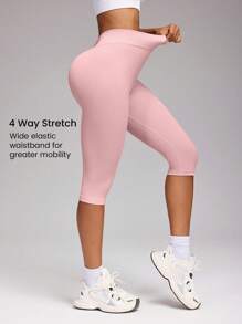 Seamluxe SHEIN Sport 简约纯色高腰无缝七分紧身裤 - 粉色 - 查看 8