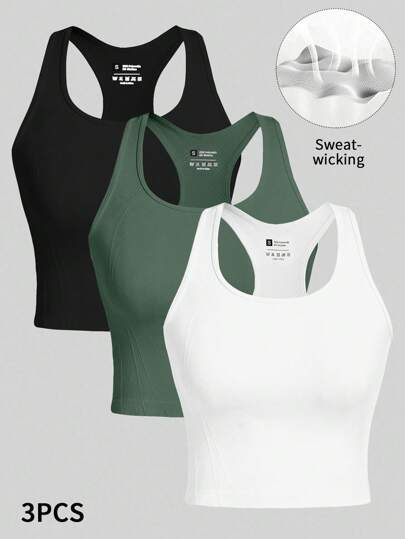 Gameset SHEIN Sport 3pcs Women's Simple Solid Color Cross-Back Slim Breathable Sports Tank Top