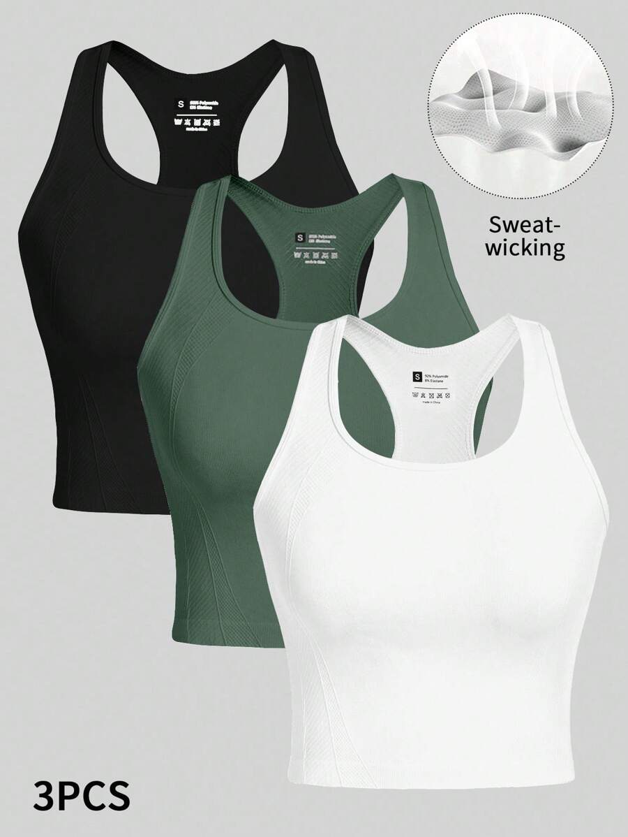 Gameset SHEIN Sport 3件套女式简约纯色交叉后背修身透气运动背心 - 彩色 - 查看 1