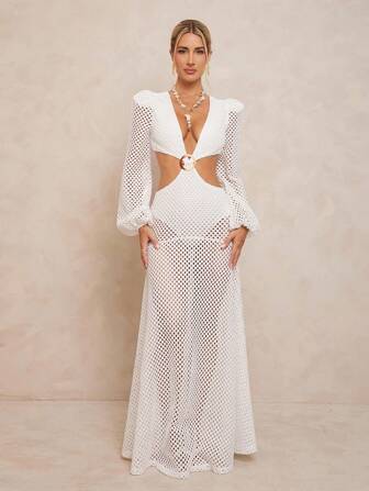 Lumalex All White Party Outfit Women Fall Modest Old Money Coquette Glitter Holiday Party Outfit Rave Festival Outing  Swim Vacation Bohemian BOHO Sea Beach Hot Outdoor Richly Layered Wedding Season Banquet Coming Of Age Ceremony Beach Seaside Cross-Back Cinched Waist Dress With Full Flowy Skirt For Women White Mesh Dress Cut Out Maxi Dress White Cover Up Swimsuit Hollow Out Dress Resort Wear