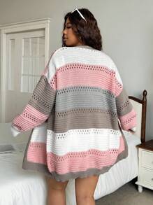 SHEIN EZwear Cárdigan casual con bloques de color abierto, talla grande, para primavera y otoño