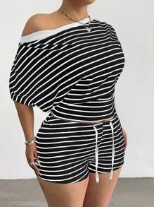 POPSWAY Bộ đồ hở vai kẻ sọc gợi cảm & quần short rút dây thường ngày, trang phục mùa hè cho phụ nữ - Đen và trắng - Xem 3