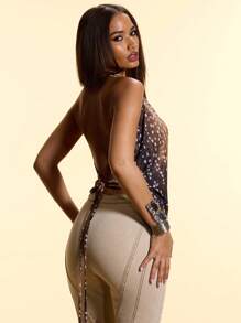 MUSERA Cowl Neck Plunge Front Animal Print Top Birthday Vacation Holiday Festival Sexy Club Aftershow Going Out Tops Club Party Fall Spring Summer - Brown - View 4