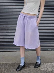 COUREZ 超大水洗短裤 / 女士夏季穿搭 Y2K 街头风可爱复古 100%纯棉 - 淡紫色 - 查看 4